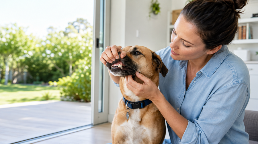 Owner gently checking a dog’s teeth after noticing bad breath