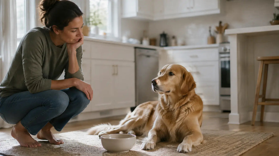 Golden Retriever resting near its food bowl while an owner monitors possible dog gas