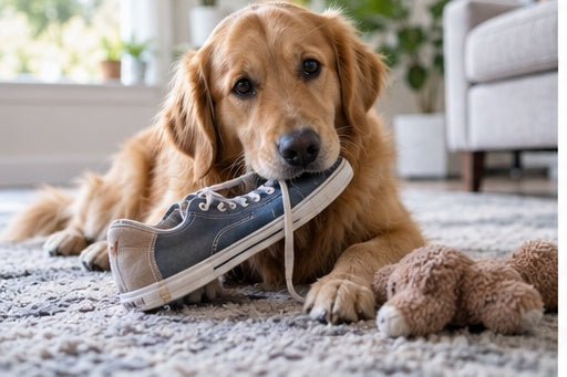 Dog chewing a shoe beside safe chew toys in a living room