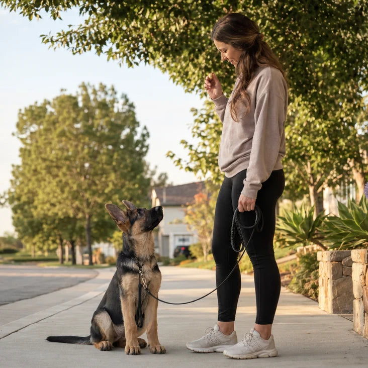 Young German Shepherd looking at its owner during loose-leash training on a suburban sidewalk