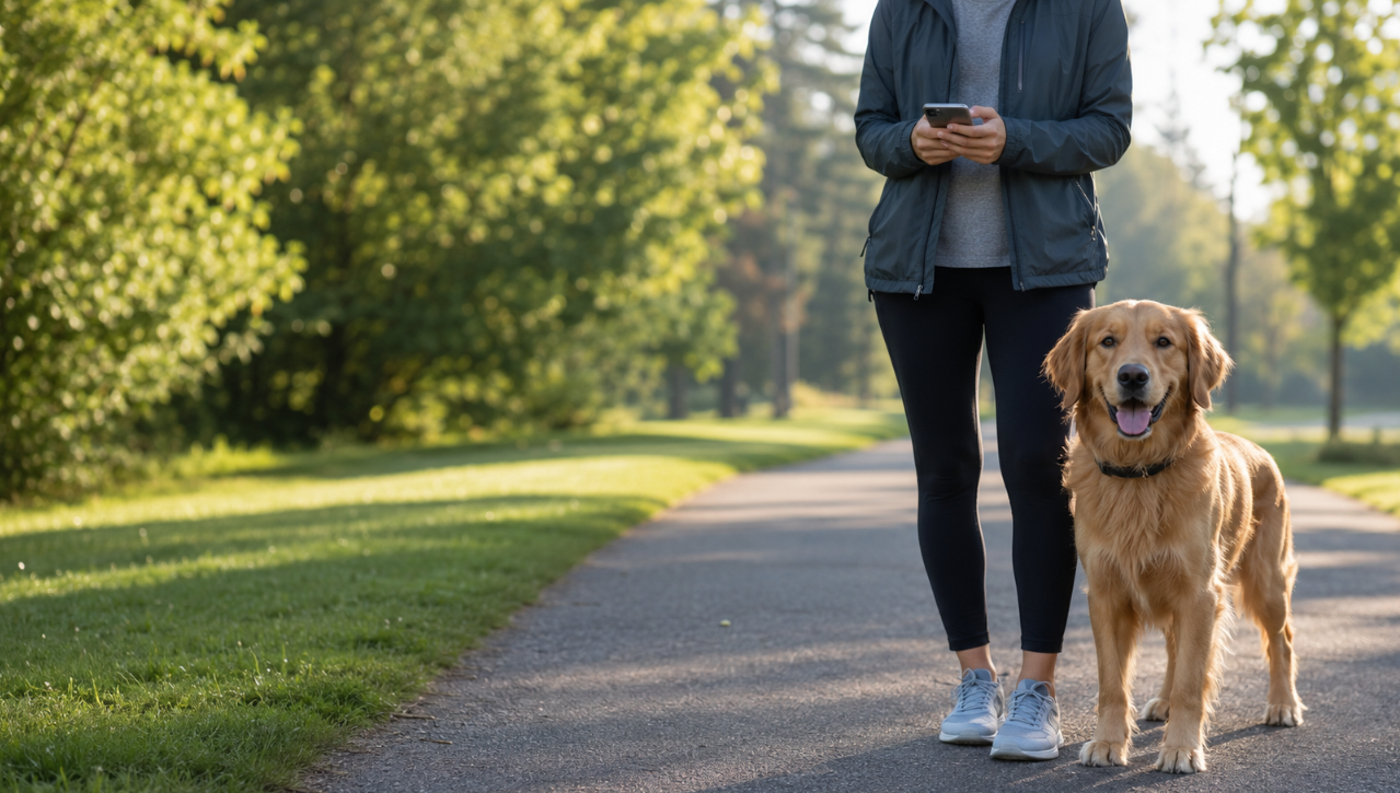 Golden Retriever walking in a park with its owner using a smartphone