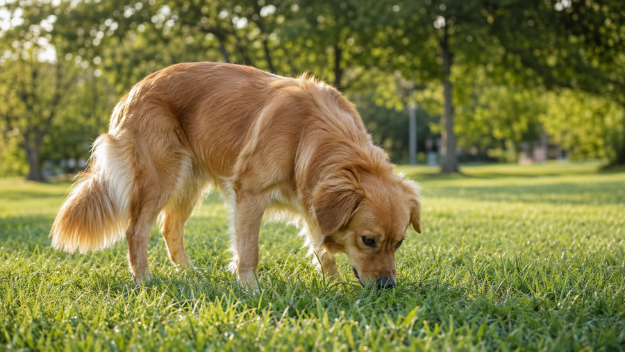 Dog calmly eating fresh grass during a supervised walk