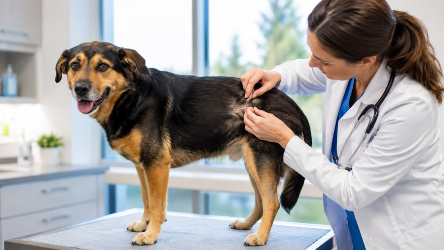 Veterinarian examining a dog’s coat and skin for signs of hair loss