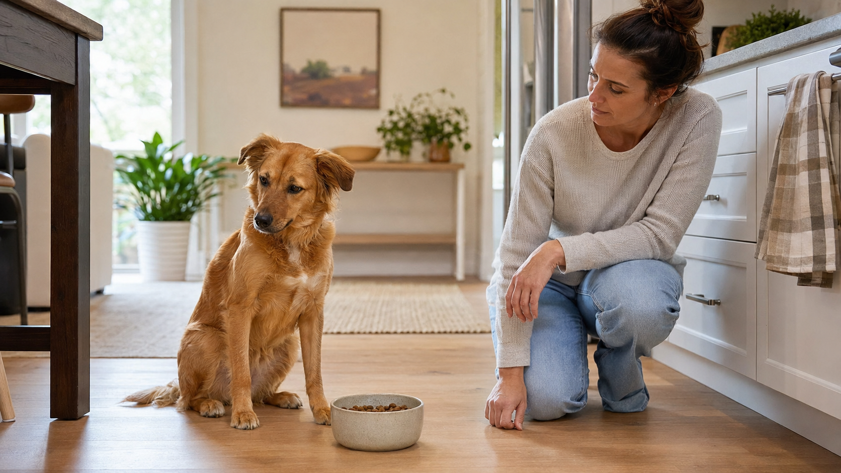 Dog sitting beside a full food bowl while its owner watches with concern