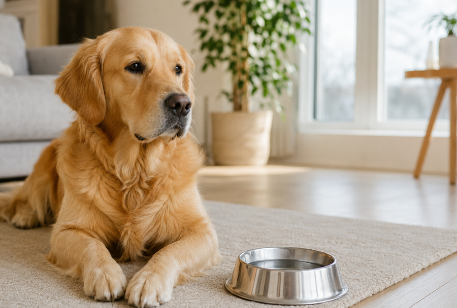 Dog resting calmly at home near a water bowl, illustrating a pet owner monitoring a dog after vomiting.