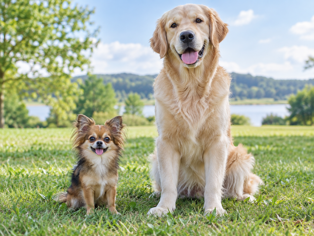 Small dog and large dog together outdoors showing differences in body size and aging
