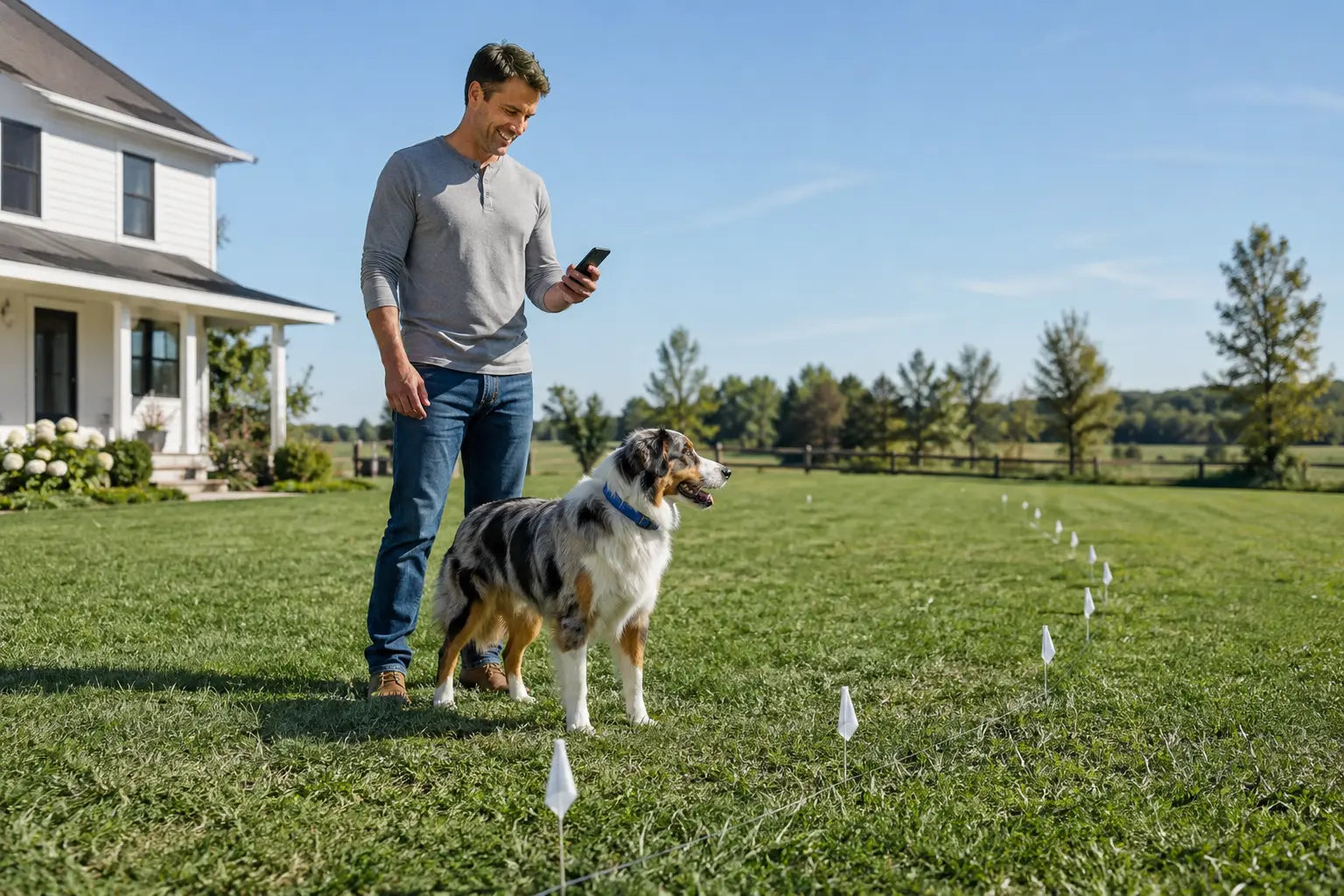 Dog owner setting up a wireless dog fence with boundary flags in a large sunny yard