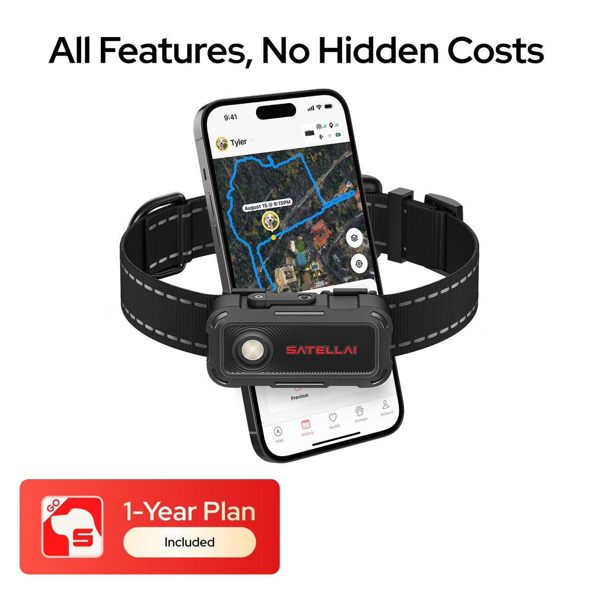 SATELLAI Collar Go + Plan Bundle Smart GPS Dog Collar with Live Tracking & Health Monitoring