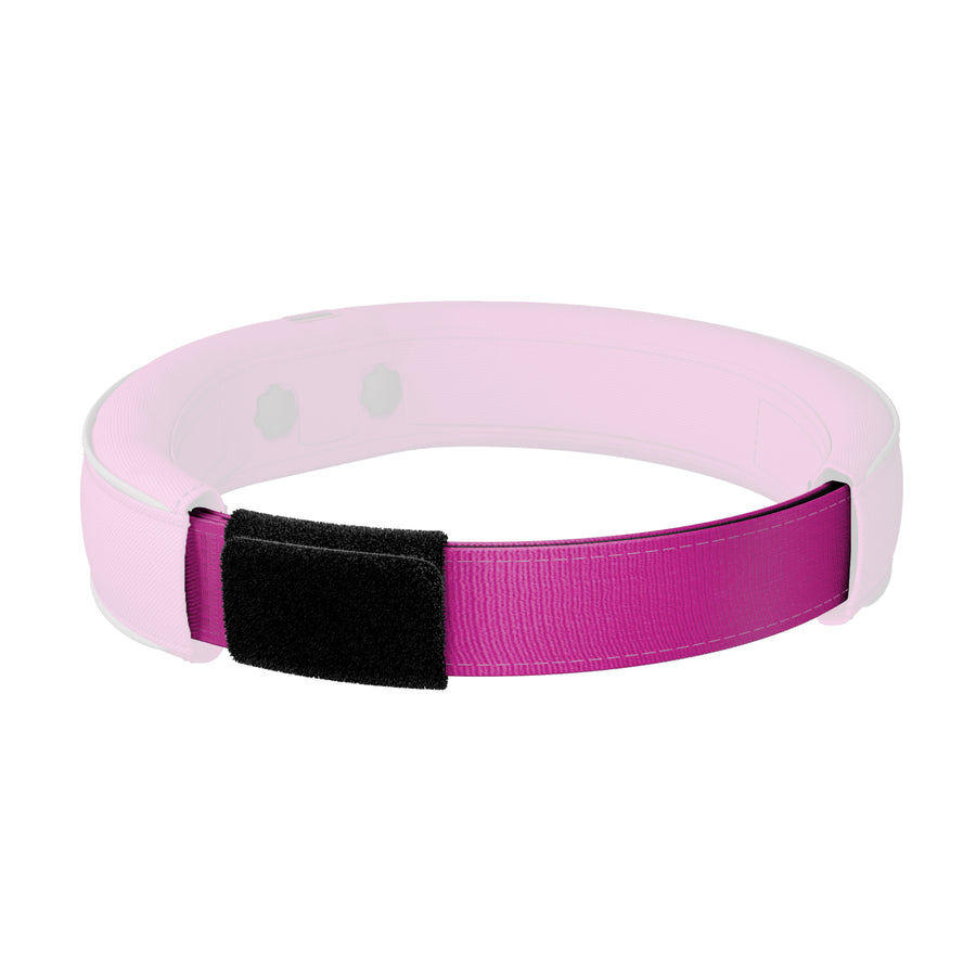 Shocking pink fabric SATELLAI Flex Strap for dog collars with black hook-and-loop closure for secure, adjustable fit.