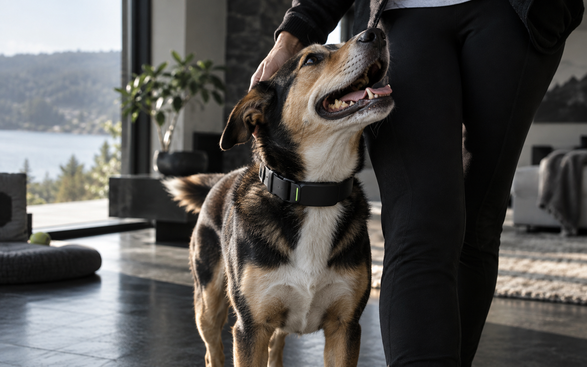 Rescue dog with adopter, wearing a SATELLAI collar