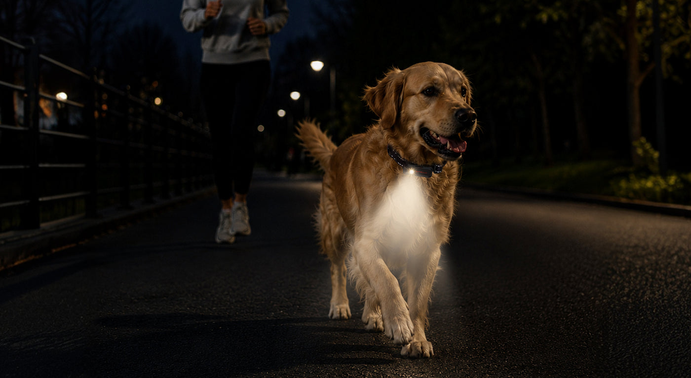 Dog wearing SATELLAI Collar Go with night safety light