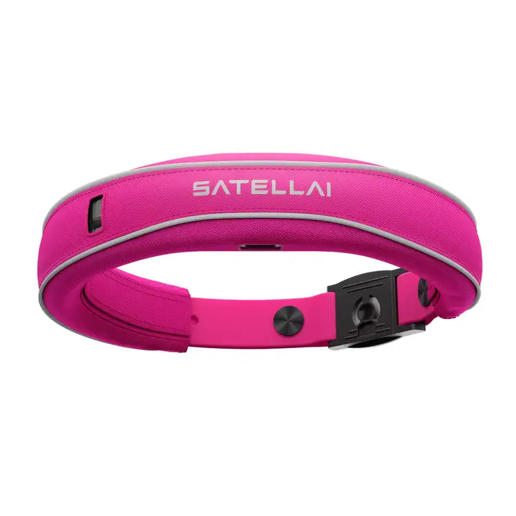 Vibrant pink SATELLAI smart collar with reflective trim and black buckle, for GPS dog fence & health monitoring.