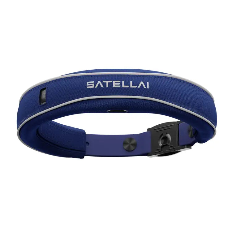 Dark blue SATELLAI smart dog collar, featuring reflective trim, GPS tracking, and AI health monitoring.