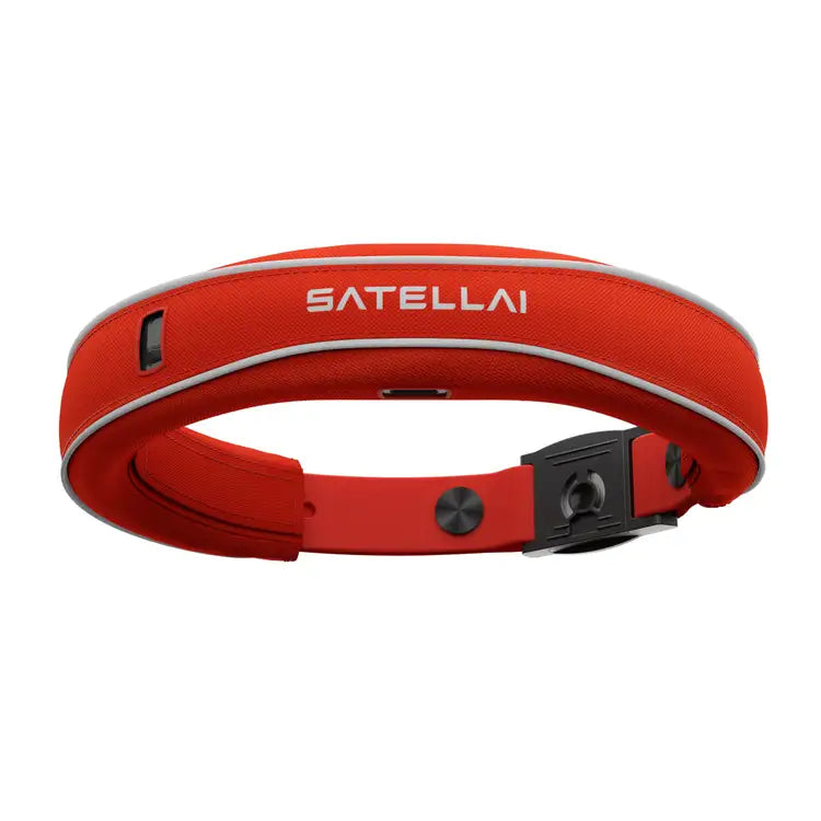 Red SATELLAI smart collar with reflective grey trim, adjustable strap, for GPS dog fence & AI health tracking