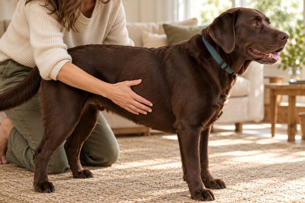 An owner gently feeling a standing dog's rib cage