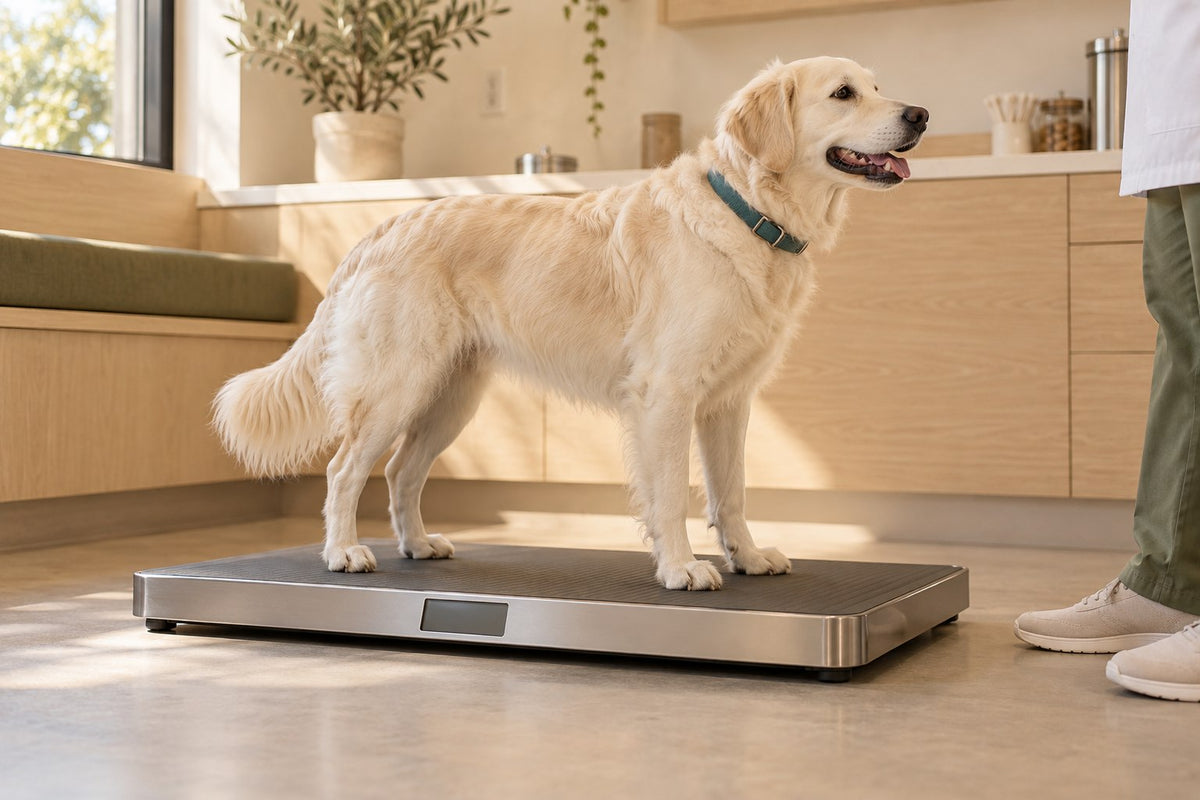 A calm dog standing on a veterinary floor scale