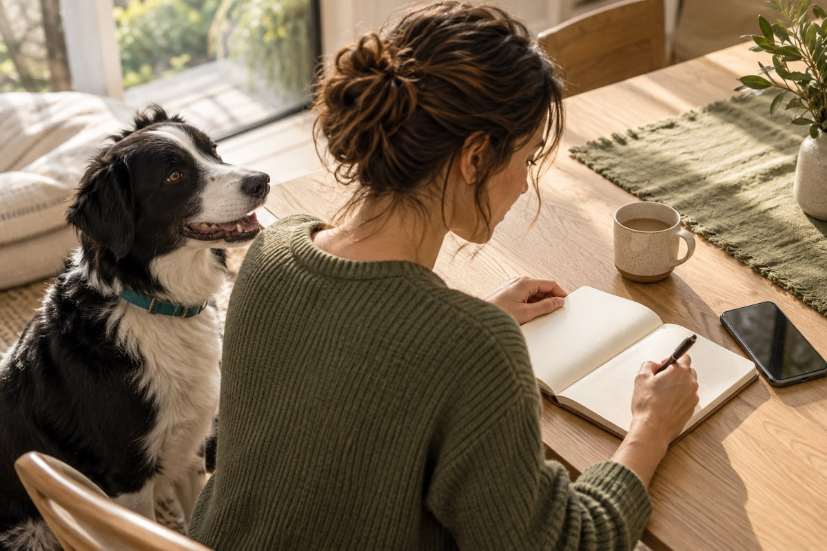 An owner keeping a notebook beside their dog at home