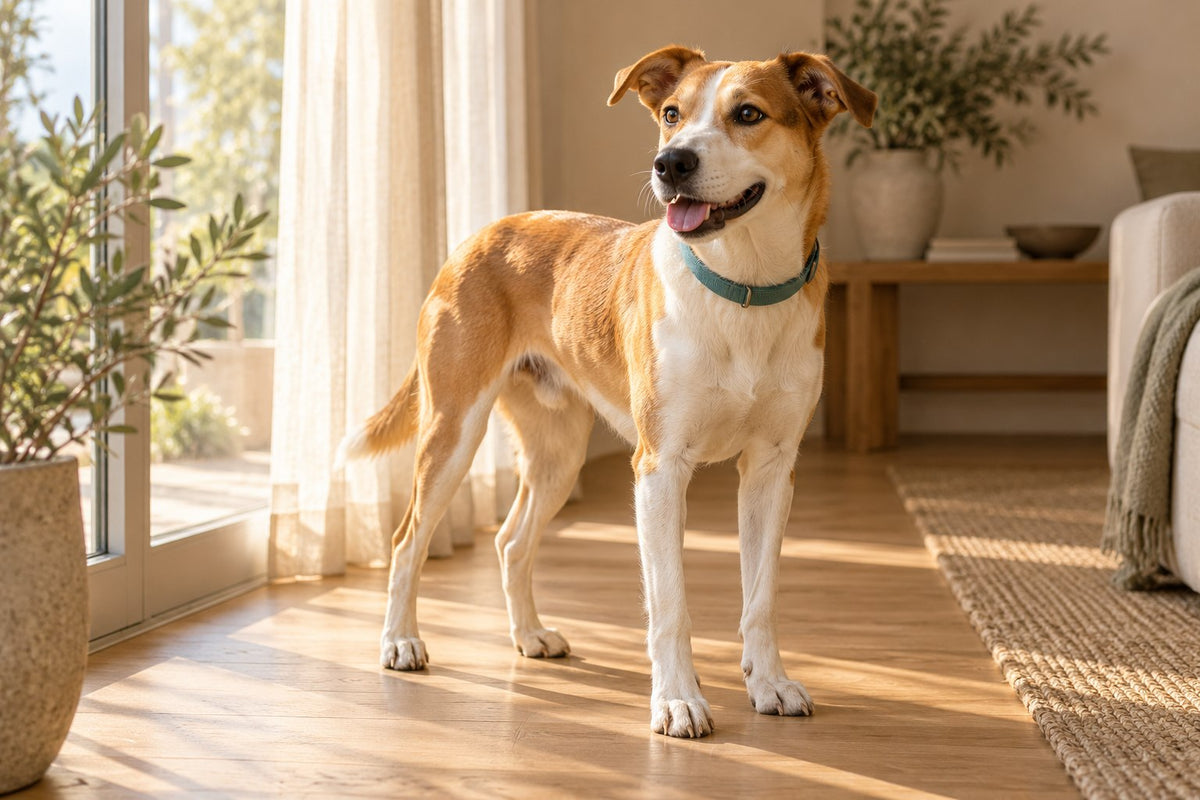 A short-haired tan-and-white dog standing near a bright window