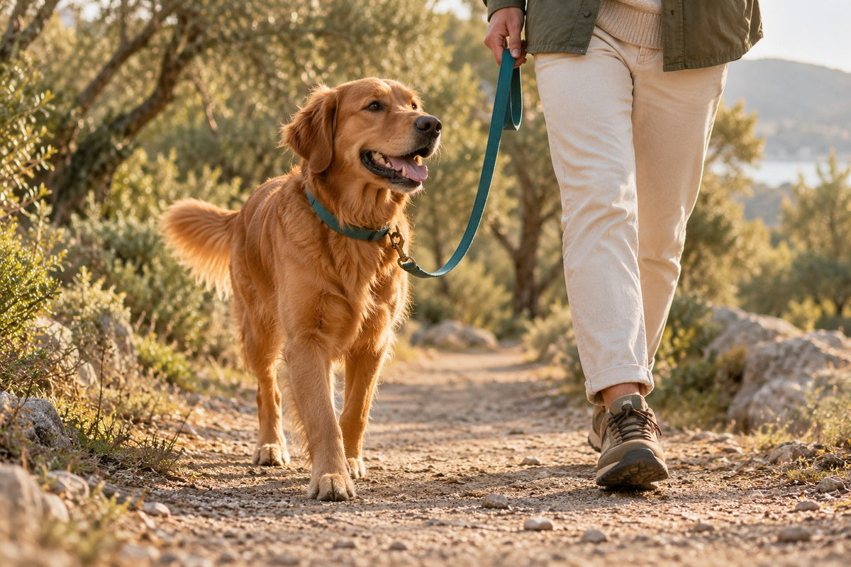 A dog and owner enjoying a relaxed walk on a sunlit trail
