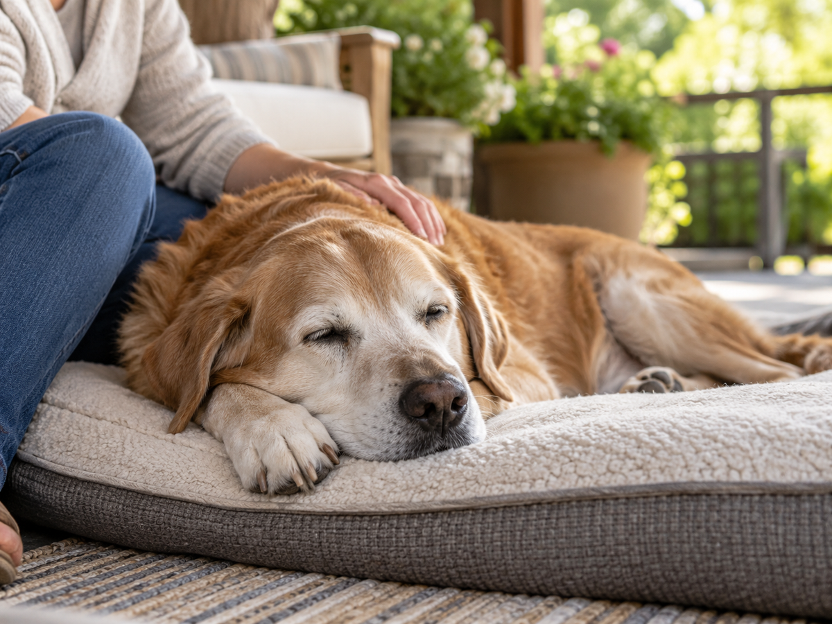Senior dog enjoying a relaxed outdoor walk with its owner